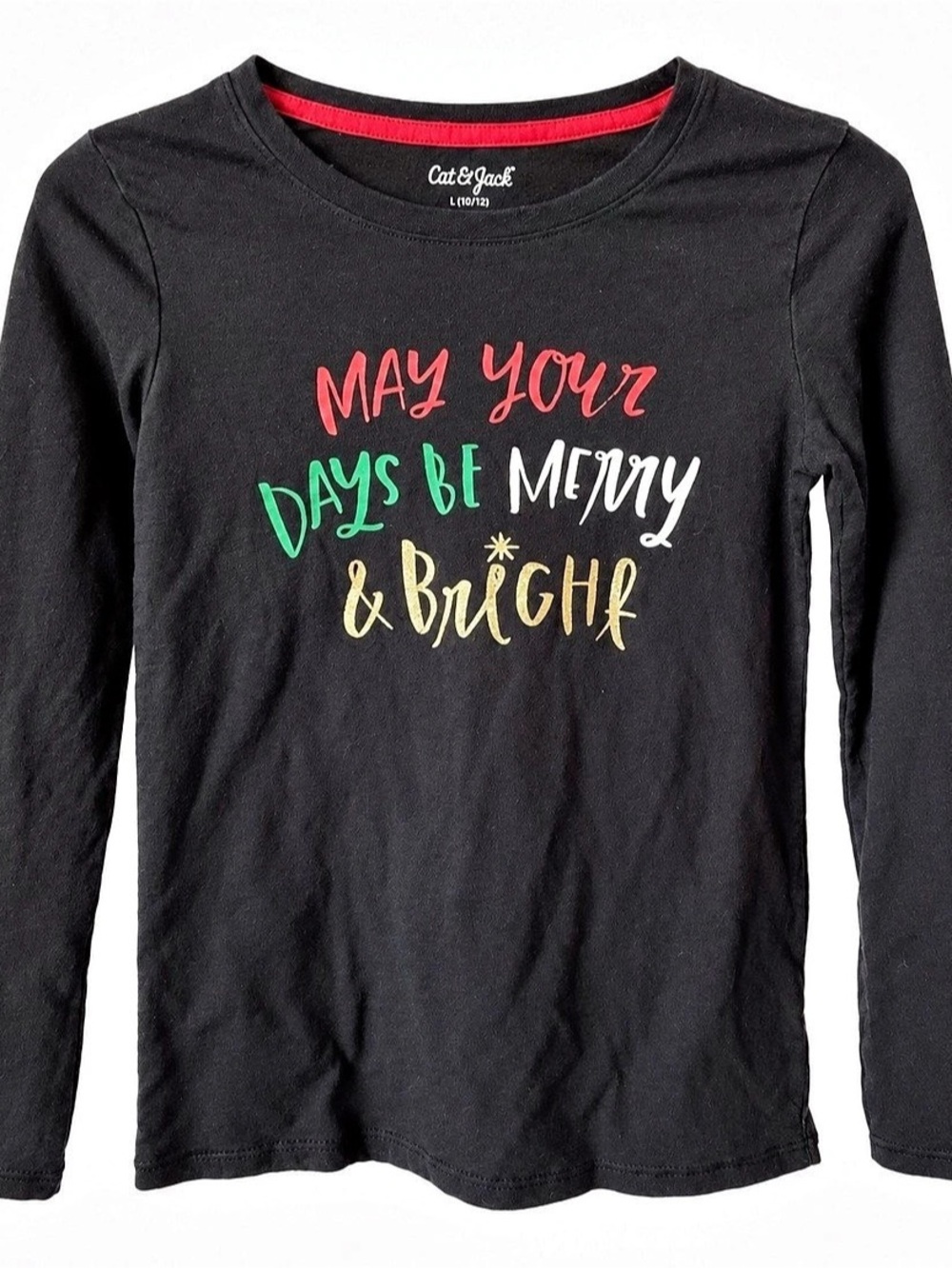 Cat & Jack Girls Merry & Bright Christmas Long Sleeve Shirt Black L 10/12